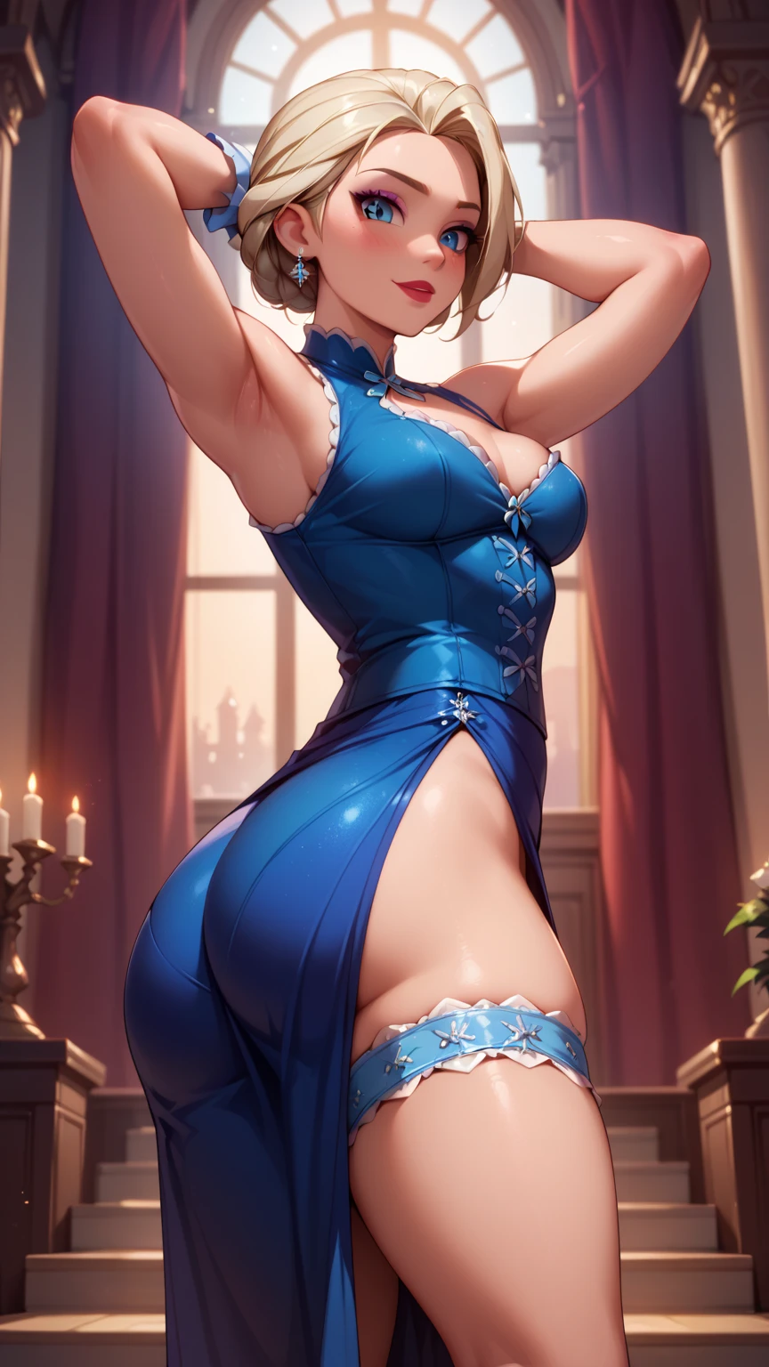 In the dim light Alice lay on her side, back to him. She was wearing a simple nightgown, which fell to the knees, its fabric was quite thin, to expose the outline of her body. Her legs were long and toned, framed by a pair of silky thigh-high stockings..