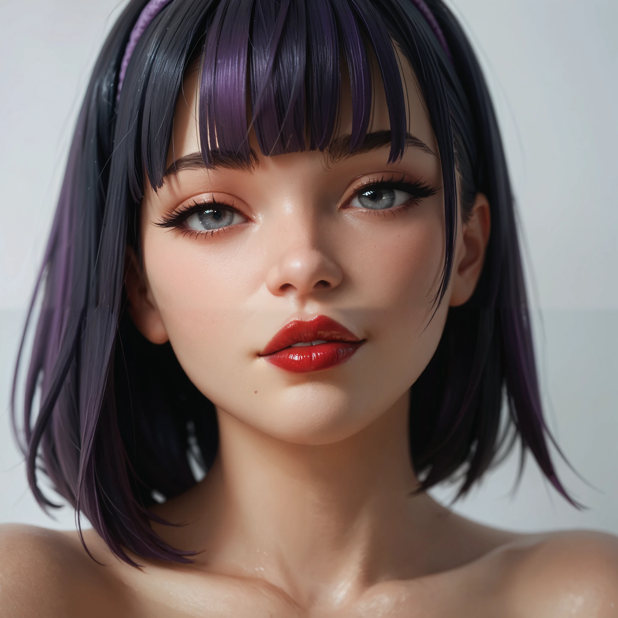 female, curvy, thick, sexy, lovely, clean cut black hair, clean front bangs, white and purple hair band, grey eyes, red lip stick, pleased, naked, head shot, head, close up,