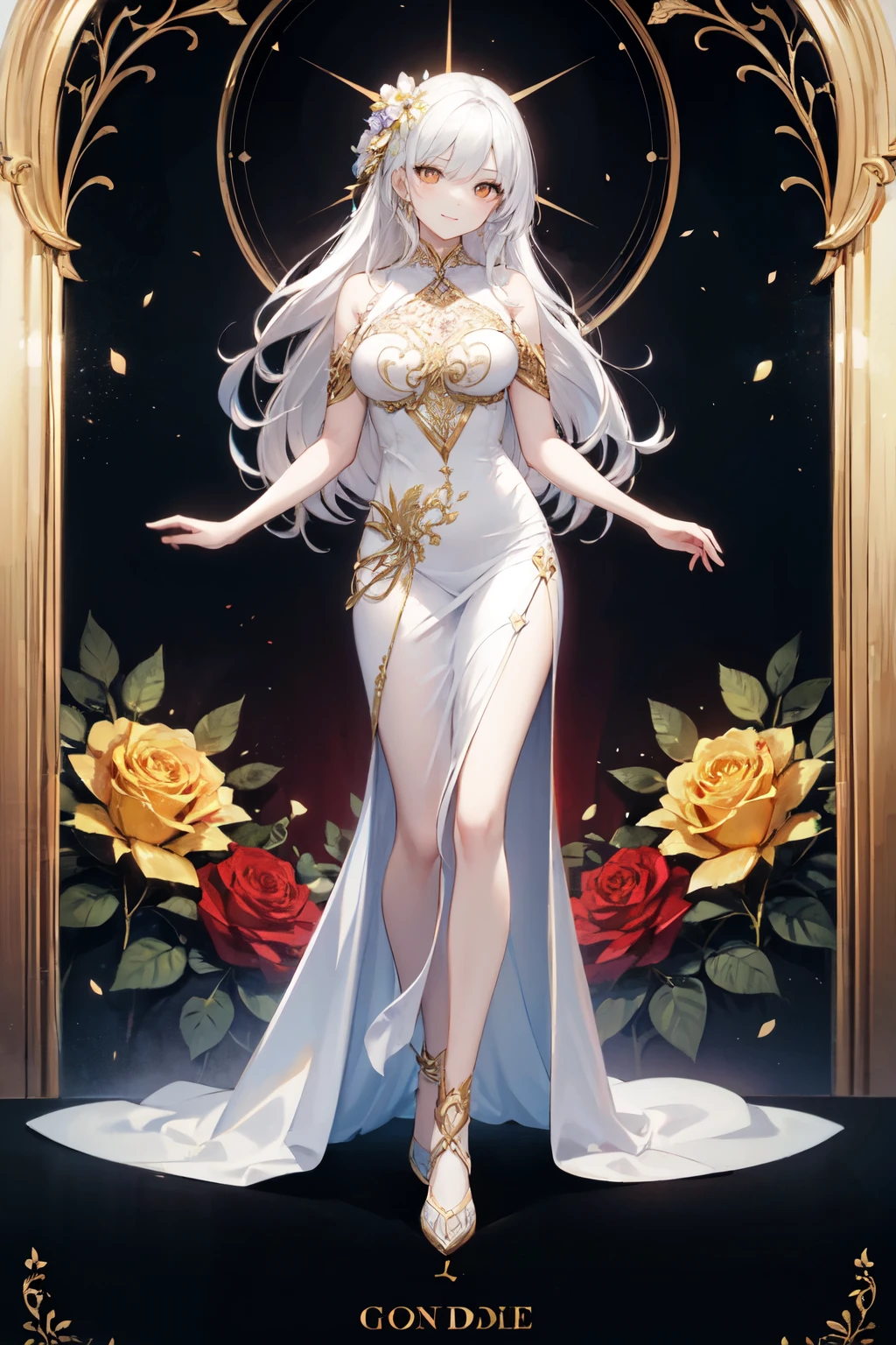 Golden Eyes、gold rose flower decoration、 beautiful women,  white dress,  beautiful white hair 、 long hair,  flirting,  Light Smile, fortune teller ,  realistic,  bright color,  high detail, UHD illustrations ,  perfect composition,  beautiful detailed intricate 、front、whole body、Good posture、