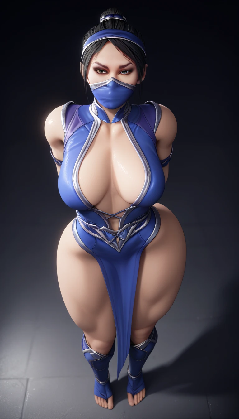 1girl, solo, Kitana (Mortal Kombat), kitana suit, sexy body, large breasts ((bust ratio: 86DD)), flat abdomen, small hips, big ass, thick thighs, thick legs, view from above, full body, battle position, street background, by night, dark background, best quality, best detail, absurdes, best resolution, soft colors, soft lighting, masterpiece, depht of field, basement, shadow,