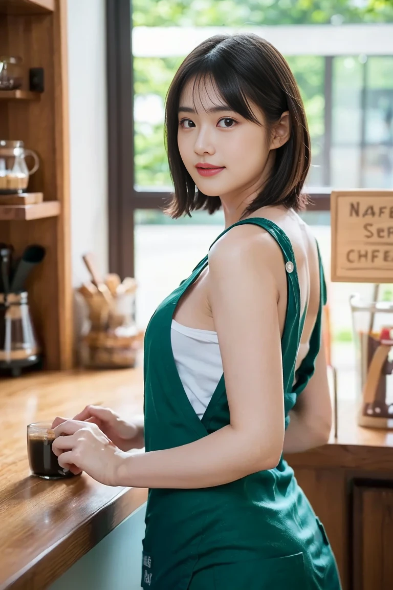 ( realistic、 photorealistic、 ultra detail、Best detailed skin、 top quality 、masterpiece、 super A high resolution)、  very cute Japanese woman  、18 years old、Gradient lighting、 one girl、Purelos Face、(((((naked apron、Serve customers at 、Green apron only、 unclothed )))))、((( coffee shop clerk、 counters where they only wear aprons)))、 on the bed、Laughter、 realistic skin types、 PERFECT STYLE 、 gravure idol style pose、 shortcuts、 double eyelids,((The camera is filming from the side of the body.)), small breasts、