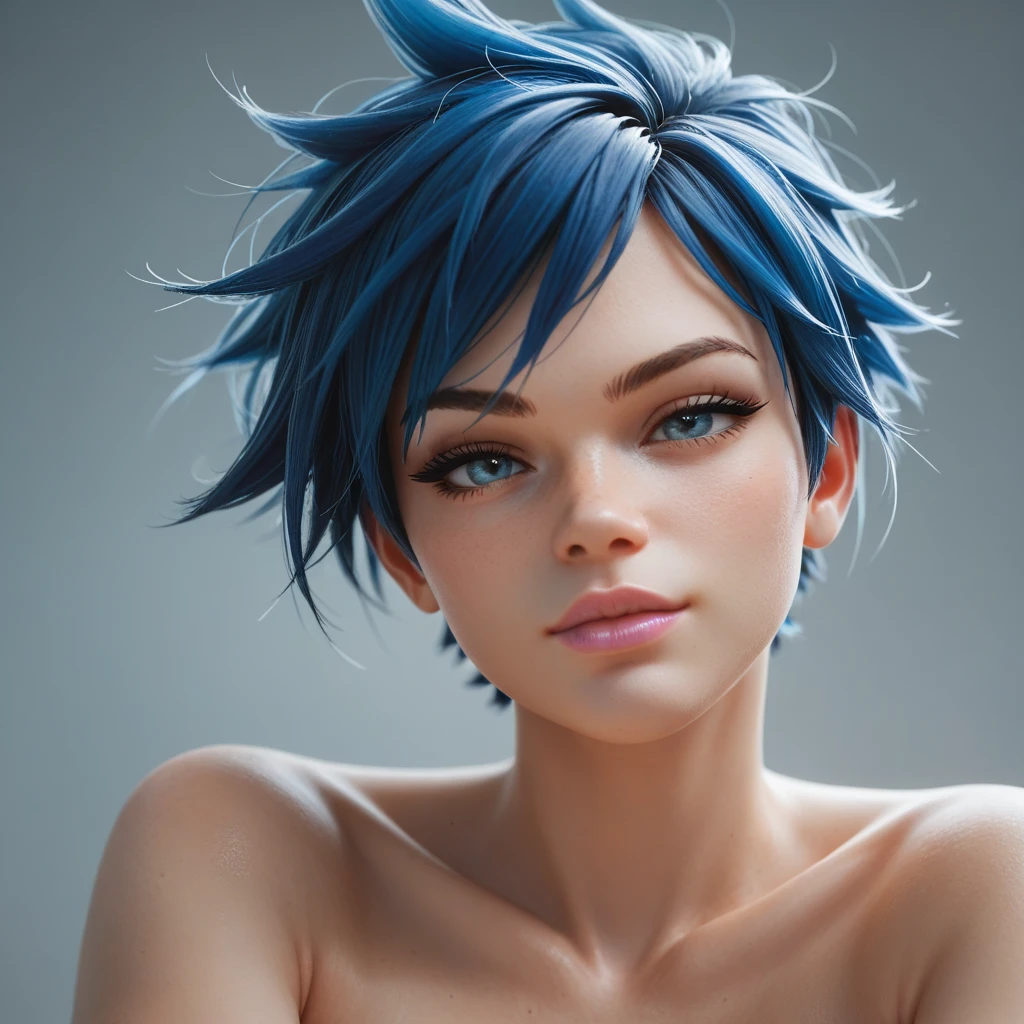 female, curvy, thick, sexy, lovely, rough short dark blue hair, tomboy hair, saturated blue eyes, pink lip stick, pleased, naked, head shot, head, close up,