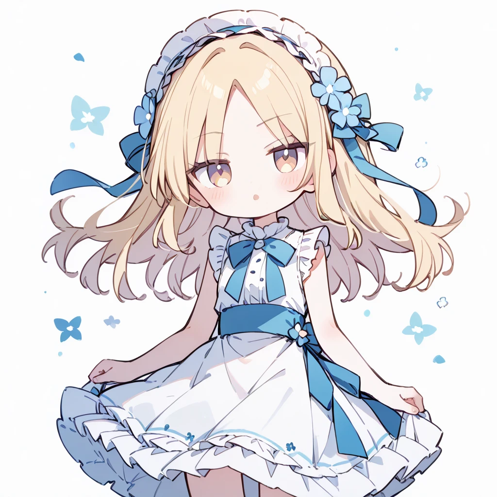  1 girl, Chibi,  Line Art, Blonde、Bob、Parted bangs、white ruffled sleeveless、Blue flower hair ornament