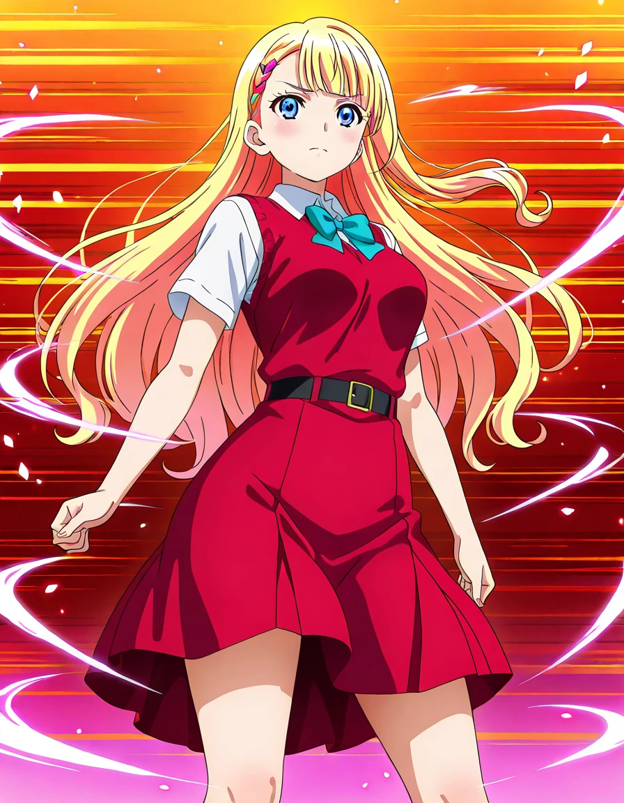 A dynamic and exaggerated 1girl is in the center of a vivid and colorful comic panel, with her long hair flying in the wind as she strikes a powerful pose, surrounded by swirling energy lines and special effects. The style is a bold and intense Japanese manga style, with sharp lines and vivid colors. The camera lens is a full-body shot, capturing the girl's entire figure and the exciting atmosphere around her. anatomical correct