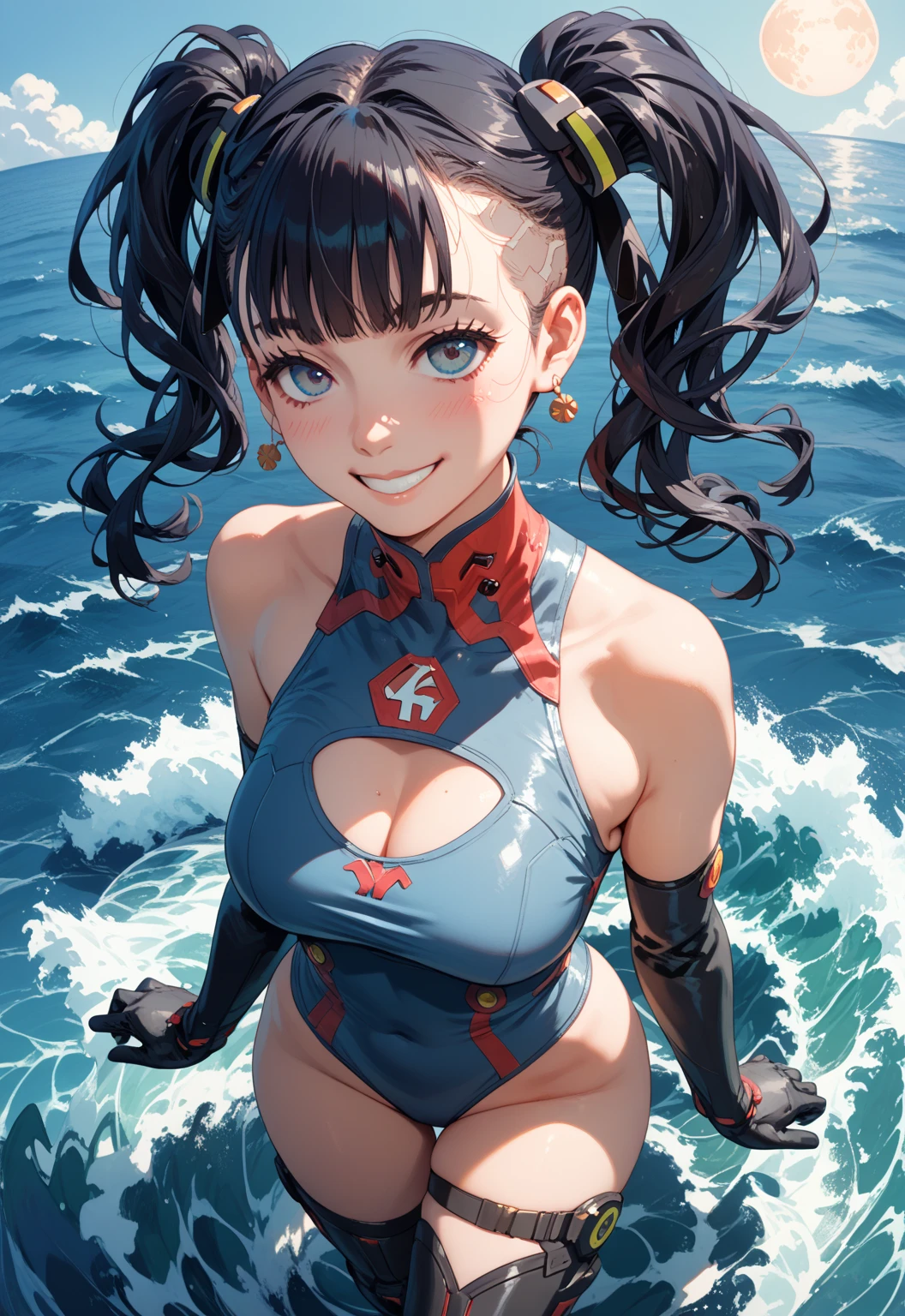 (8k), (best quality), (masterpiece: 1.2), (realistic), (photorealistic: 1.37), super detailed, one girl, viewer is watching, full body, 25 years old, light blue and gradient one-piece swimsuit with red and yellow