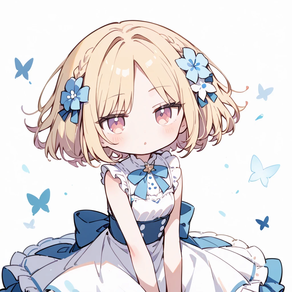  1 girl, Chibi,  Line Art, Blonde、 short bob 、Parted bangs、white ruffled sleeveless、Blue flower hair ornament