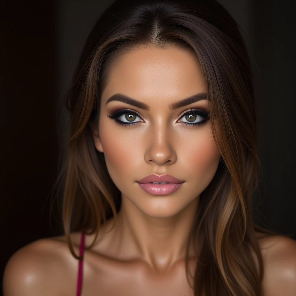 A close portrait of a woman, focusing on her eyes.  tanned, dark eyes, brown hair,, realistic, 4K, ultra detailed photography, sharp image,