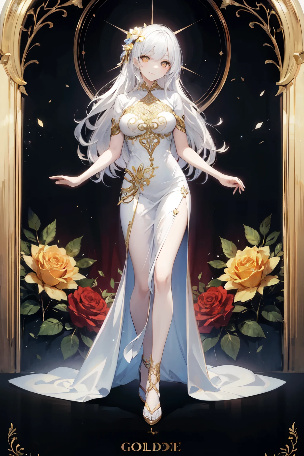 Golden Eyes、gold rose flower decoration、 beautiful women,  white dress,  beautiful white hair 、 long hair,  flirting,  Light Smile, fortune teller ,  realistic,  bright color,  high detail, UHD illustrations ,  perfect composition,  beautiful detailed intricate 、front、whole body、Good posture、Japanese style、 miniskirt