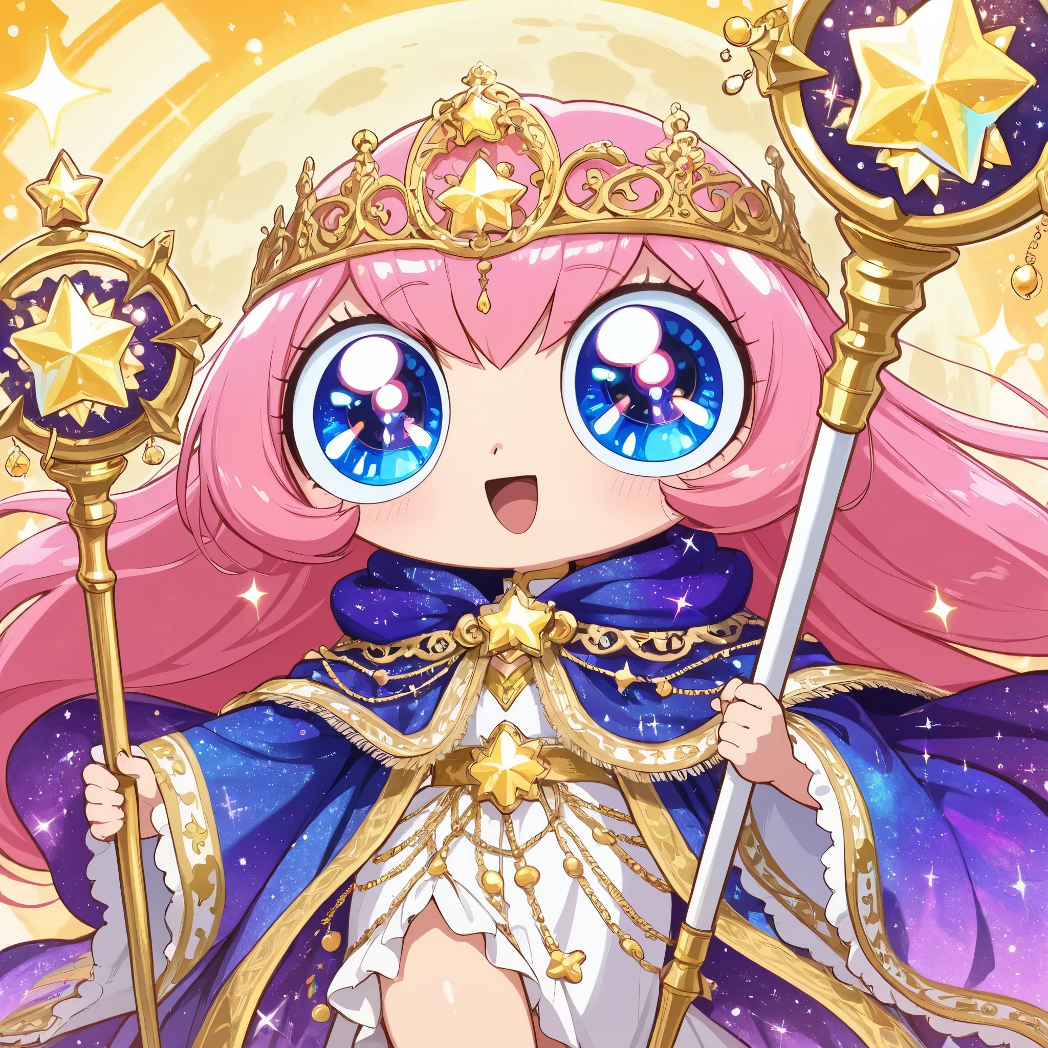 An enthusiastic female sorcerer (long hair, sparkles, ornate robe, huge eyes, magical girl moon staff) is racing to join a grizzled band of veteran adventurers.

