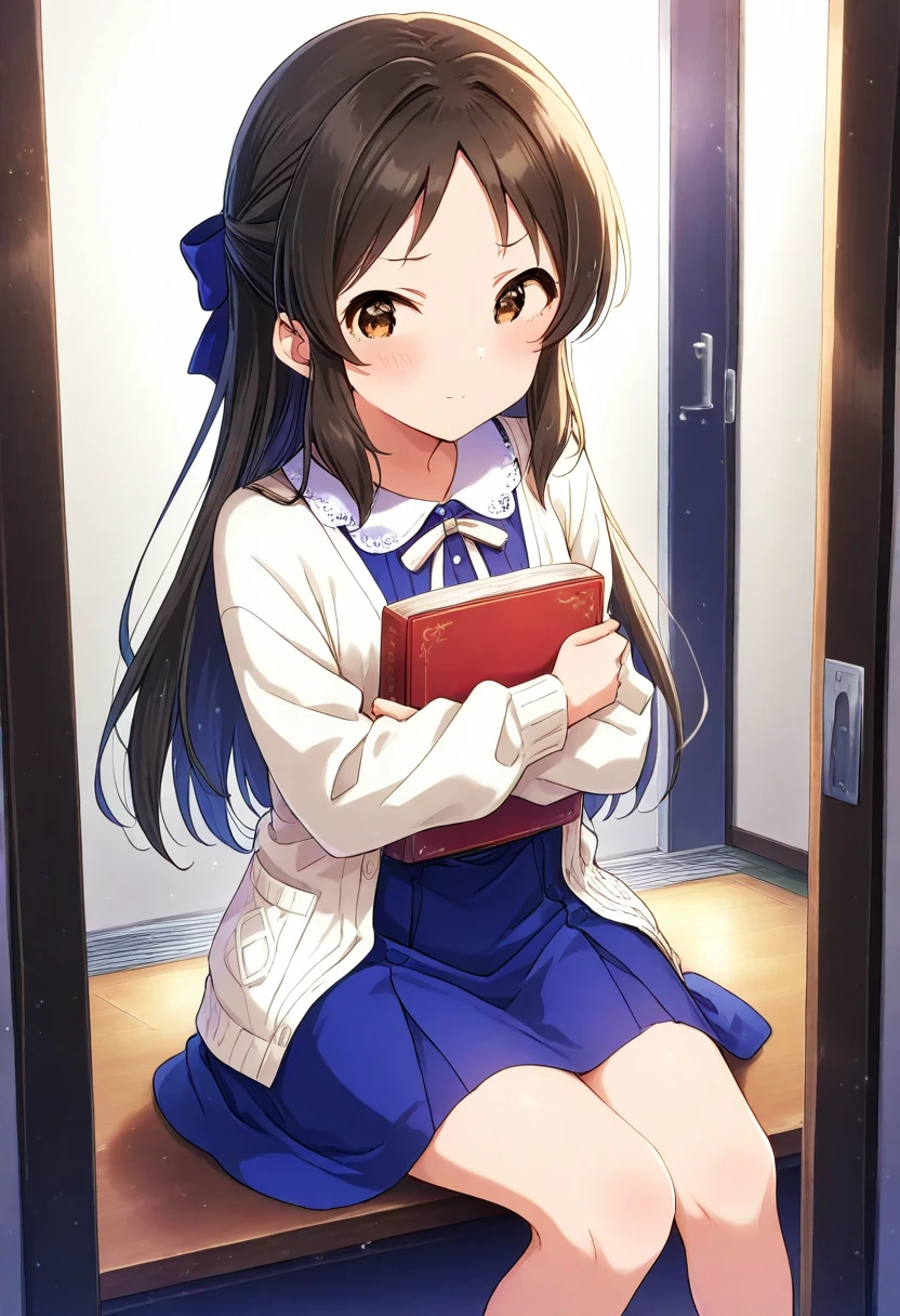  shot from the ground holding a board with both hands　 from the front　床にsit　sit　 gym sitting 　own hugging feet　膝を立ててsit　Look away　One person　 girl　light blue long sleeve dress　 white cardigan 　 underwear　Pink Stripes々Panties　 reading a book　1，Tachibana Arisu 　Deresute　Deremasu　 masterpieces at the front door of the house , Super high resolution,　  Beautiful Legs　Beautiful upper body 　Beautiful lower body　　 Two perfect legs　完璧の五本指 beautiful eyes detailed eyes detailed face