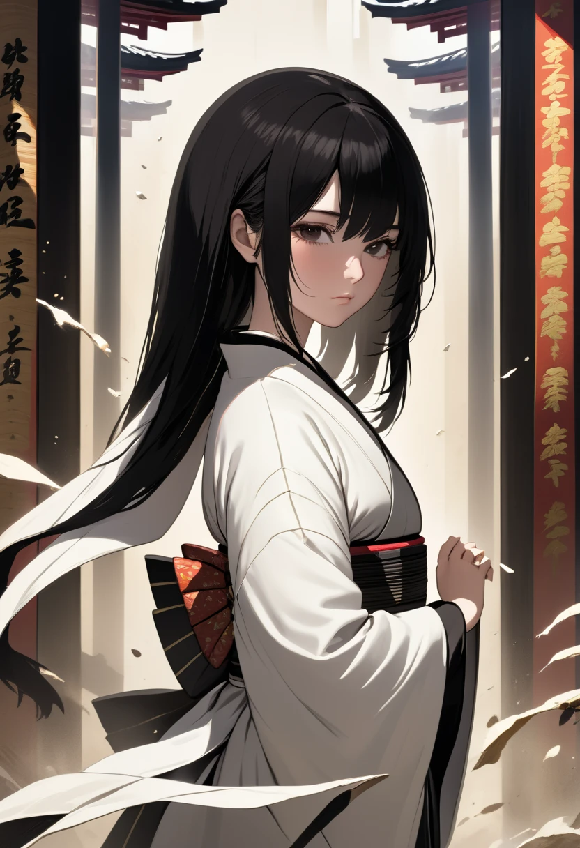 fair skinned-woman, (masterpiece), best quality, perfect face, amazing lighting, black hair, narrowed eyes, half-closed eyes, black kimono dress, white coat, white obi, destroyed armor. 