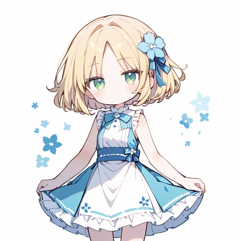  1 girl, Chibi,  Line Art, Blonde、 short bob 、Parted bangs、 green eyes、white ruffled sleeveless、Blue flower hair ornament