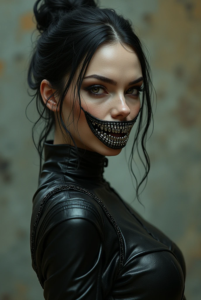 monochrome cyberpunk girl with biomechanical accessory on her face, keeping only her mouth with metal teeth showing
 . black and white, contrast, tone, texture, detailed",
