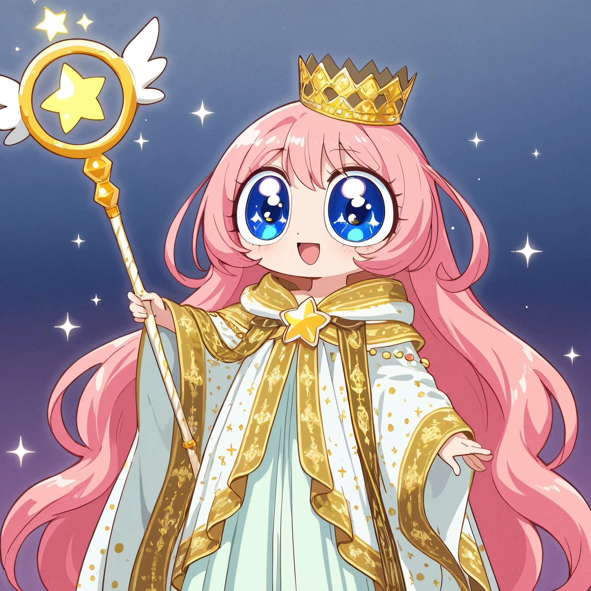 An enthusiastic female sorcerer (long hair, sparkles, ornate robe, huge eyes, magical girl moon staff) is racing to join a grizzled band of veteran adventurers.