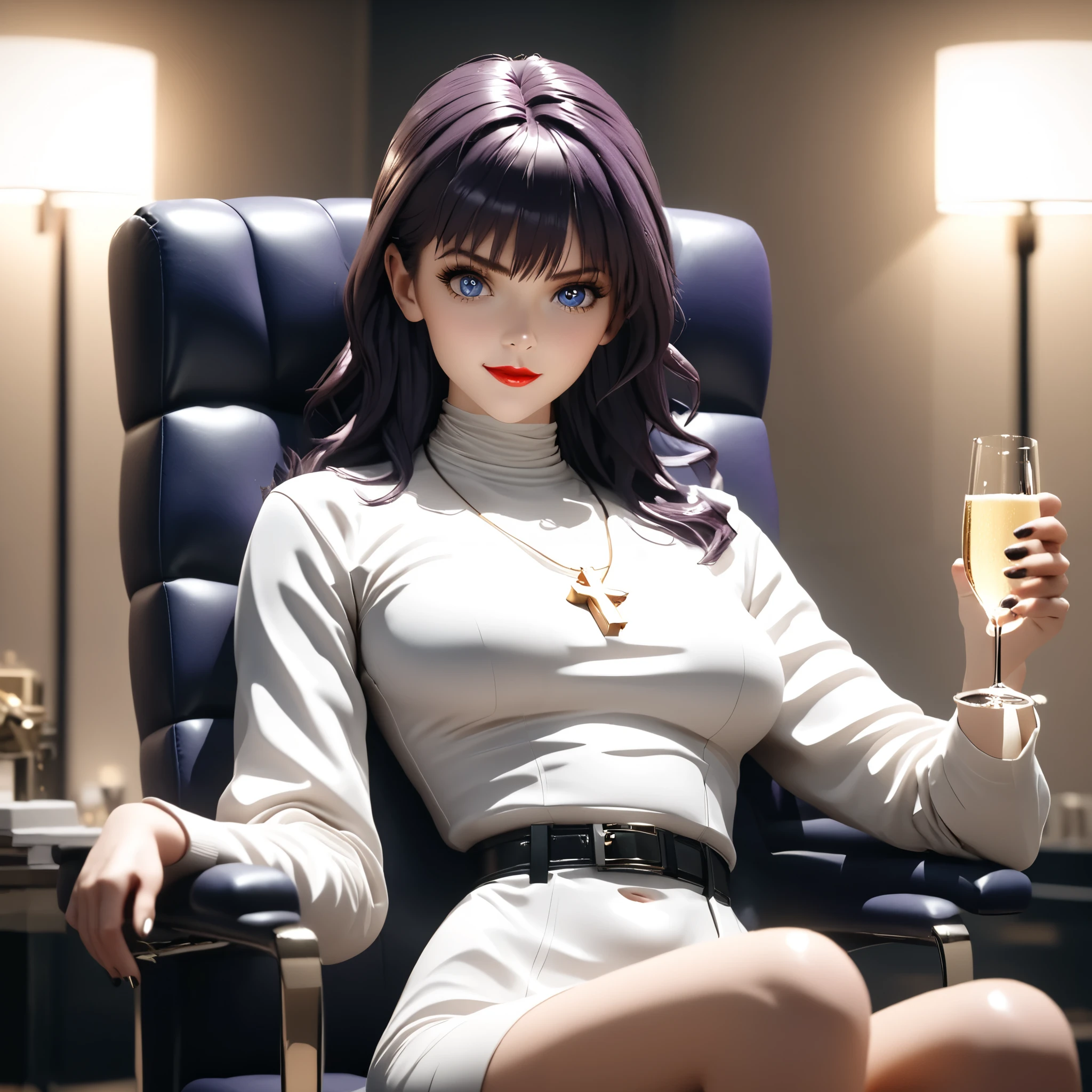 8k,masterpiece, CGSTATION, hyper CGI style, arte extremadamente detallado de artgerm, photorealistic chica anime render, A 4k anime drawing style, 8k, masterpiece, best quality, 3D rendering, INTRICATE, 8k, 3D TOON, hyper detailed, blue eyes, dark purple hair, hair long, MISATO KATSURAGI, medium bust, shiny skin, 27 years old, a woman, navel, sensual smile, red lips, super detailed skin, super beautiful eyes, cross necklace, the setting is super detailed in CGI quality, Basic Instinct Pose, B4sic1nstinctP0se, basic_instinct_(movie), 1woman, sitting, on_chair, looking at viewer, facing viewer, She is wearing a white dress up to her knees, she is wearing a black belt, she is holding a glass of champagne in her hand, a room with warm lights, the view is full body, the viewer is 3 meters away from her,