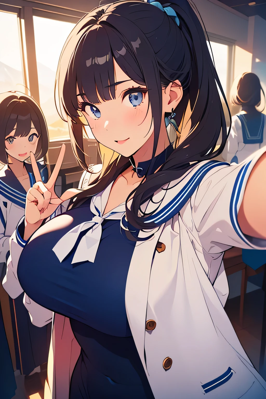 Top image quality、Masterpiece、15yo student、2girls、Cute plain clothes、Futomo、cleavage of the breast、