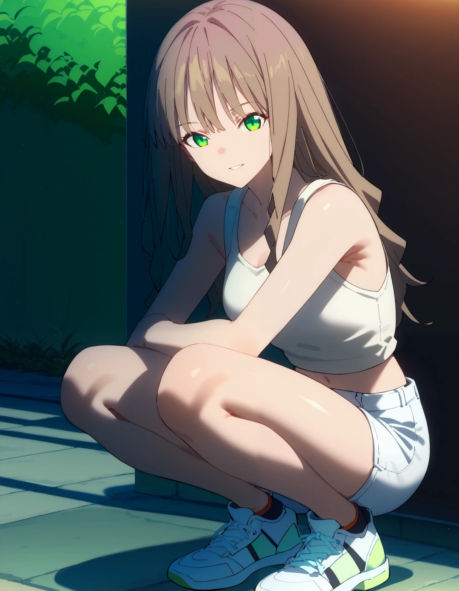 score_9, score_8_up, score_7_up, source_anime, rating_safe, intricate details, anime screencap, anime coloring, official style, yume_minami, 1girl, full body, green eyes, hair in own mouth, high-waist shorts, long hair, looking at viewer, parted lips, shorts, smile, solo, squatting, tank top, white footwear, white shorts, white tank top