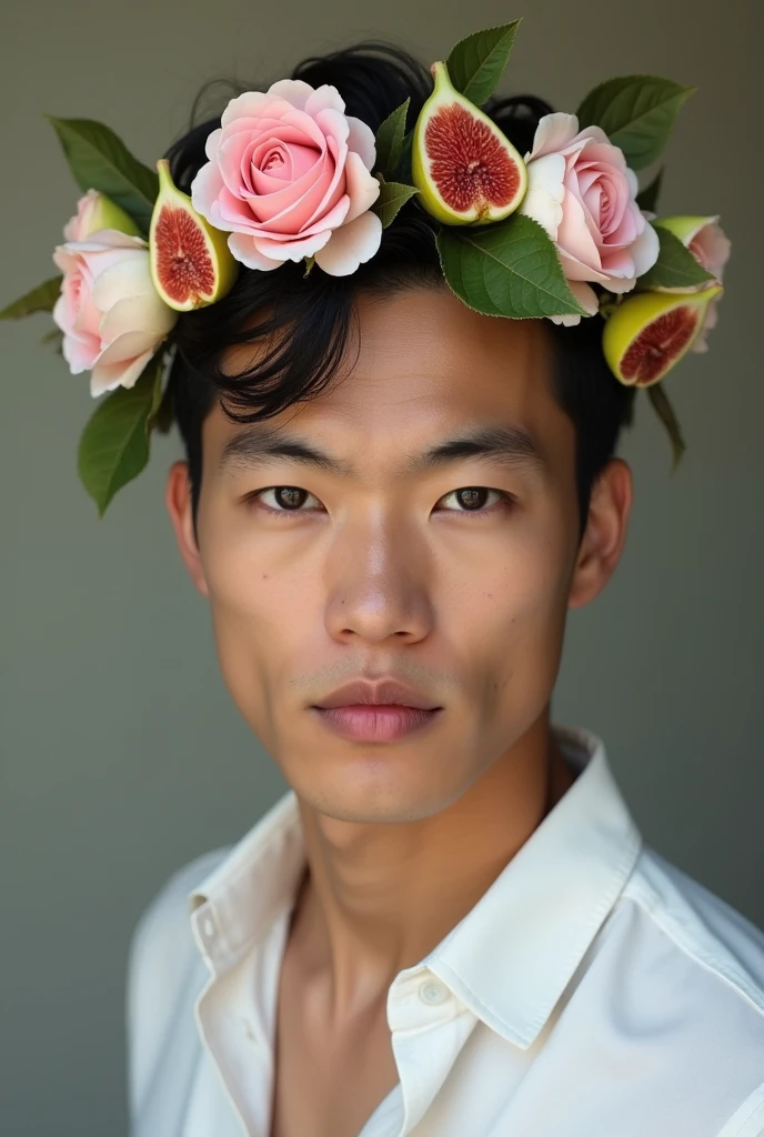 best quality,masterpiece,Ultra high detail,A handsome muscular Chinese man,Short black hair, eyes closed, topless,Flowers on his shoulder, With flowers in his black micro thong, realistic, Grey background,Yellow and white flowers, flowers on his head