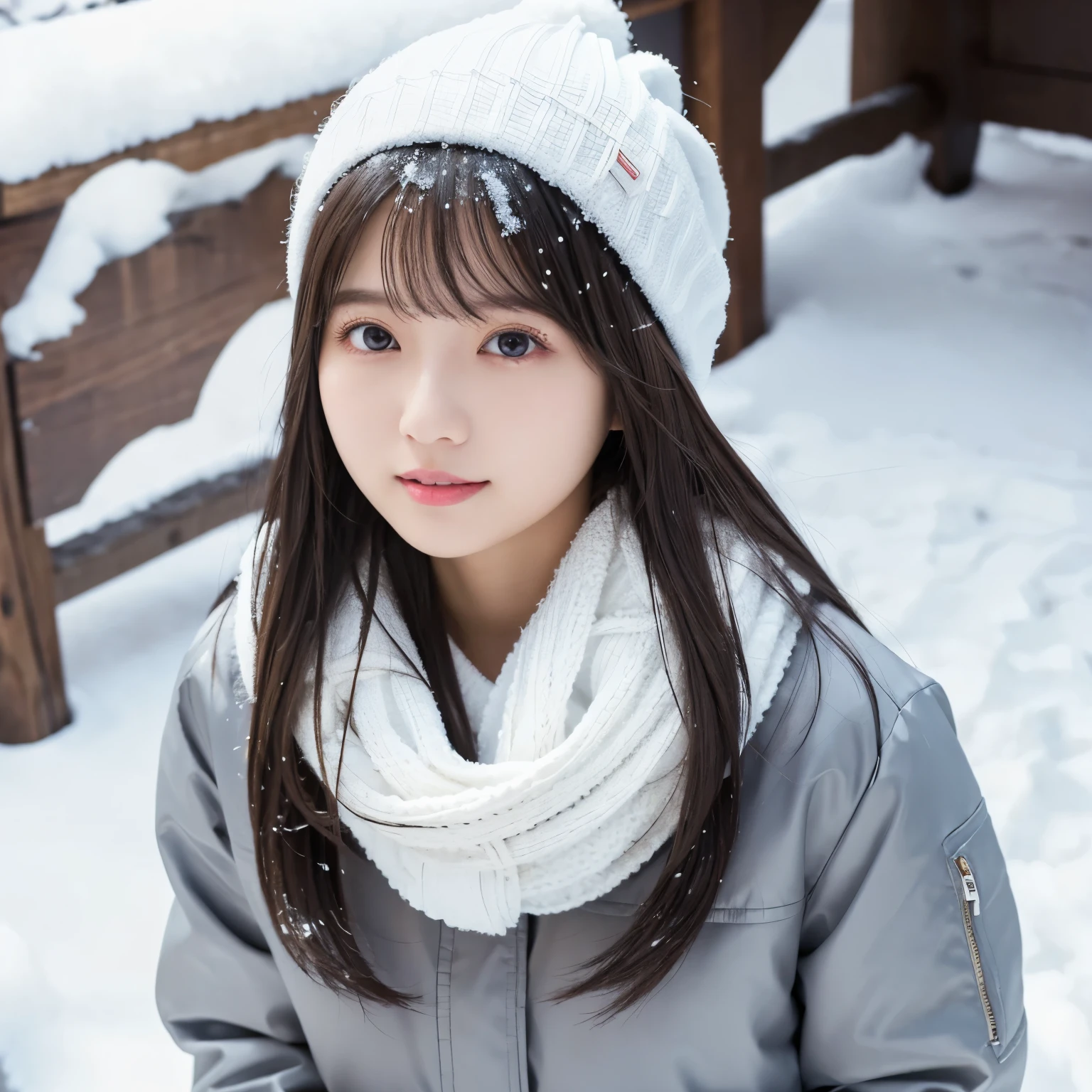 girl, busty, Winter park,snow, black hair, straight hair, with bangs, white down jacket,oversized white scarf,White knit hat, Highest Masterpieces, professional lighting, angle from above ,
