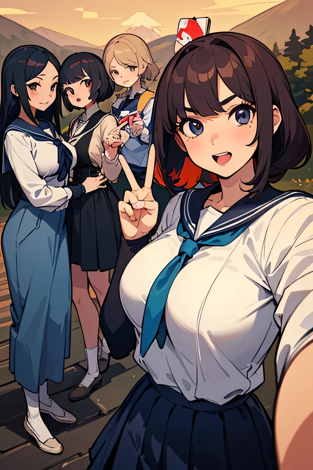  top quality 、 high res、( high image quality:1.2)、masterpiece、 detailed background、 beautiful faces、 detailed face 、 detailed eyes、 anatomically correct、Teenage beauty、( huge breasts:1.3)、 brightly colored hair color 、 Braided Bob Cut 、 ponytail、 perfect body line 、 Two girls taking selfies with shiny dark blue sailor suits 、 White Stockings、Late Night、Active Fire Mountain 、Erupting 、(Mountain々Three beautiful girls taking selfies in the background:1.5)、( peace sign:1.4)、(Normal number of fingers:1.4)、 cute