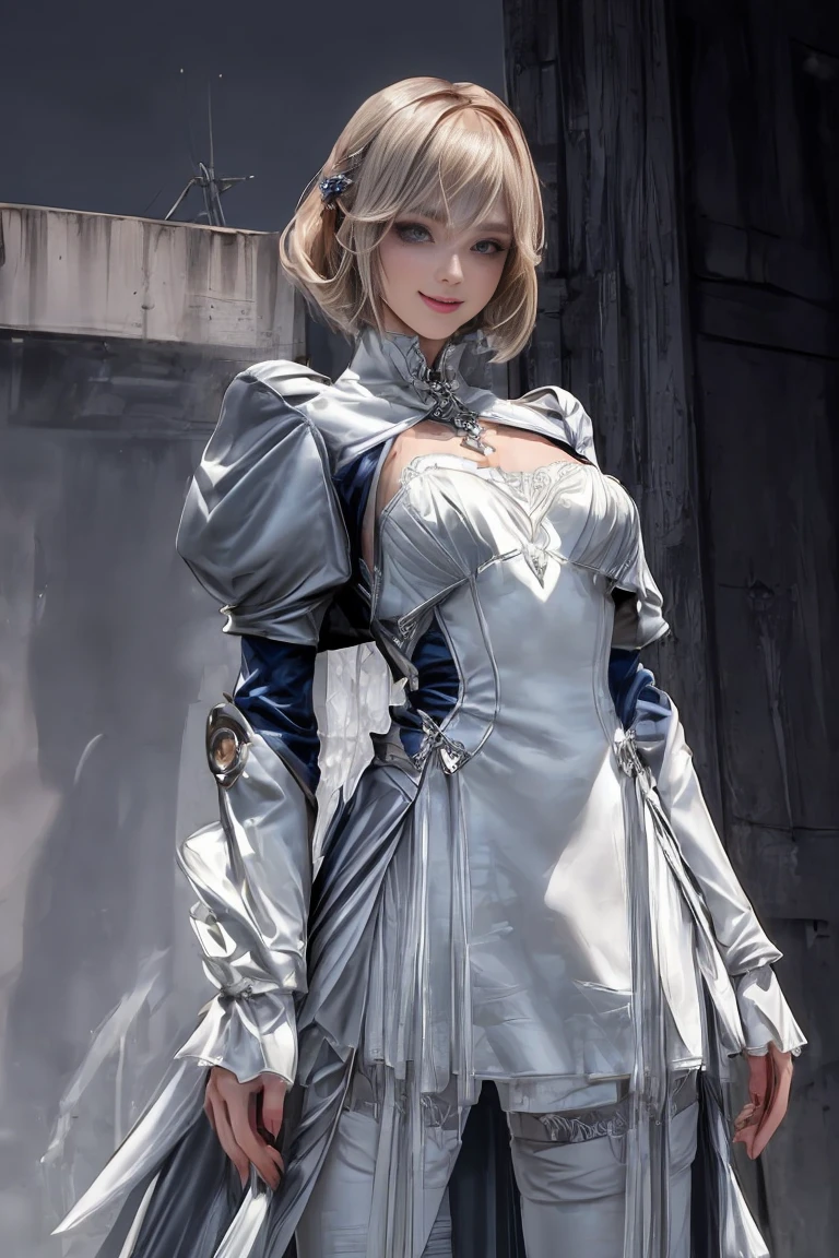 ( Pose standing against the gust at modern Tokyo-city :1.4), top quality , super high-detailed , facing the camera with a holy smile 、 super detailed , photo realistic , Sharp Features, very detailed, Sharp Focus, (( anatomically perfect body))、((Anatomically perfect hands))、(((Anatomically perfect fingers)))、perfect face, (perfect noble pretty face), ( (Perfect Symmetry Eyes)) , Perfect Plump Lips, detailed skin、Flexible female body, ((The body shape of a thin girl 1.2))、 like the movie , film light , super detailed , hyper realistic , masterpiece, atmosphere, high res, vibrant, Dynamic studio lighting , expression for enduring sexually pleasure, beautiful young girl ,((short bob hair)), (noble bright blonde hair)、modest breasts.((( large blue almond eyes with a smile1.4))), holy silver metallic Accessories ,with noble large hair accessories, white contemporary style fashion , Costumes made of shiny fabrics ,( wearing long navy blue skirt )( with orange color jacket ),( wearing a loose-fitting silk blouse ),vampire ,