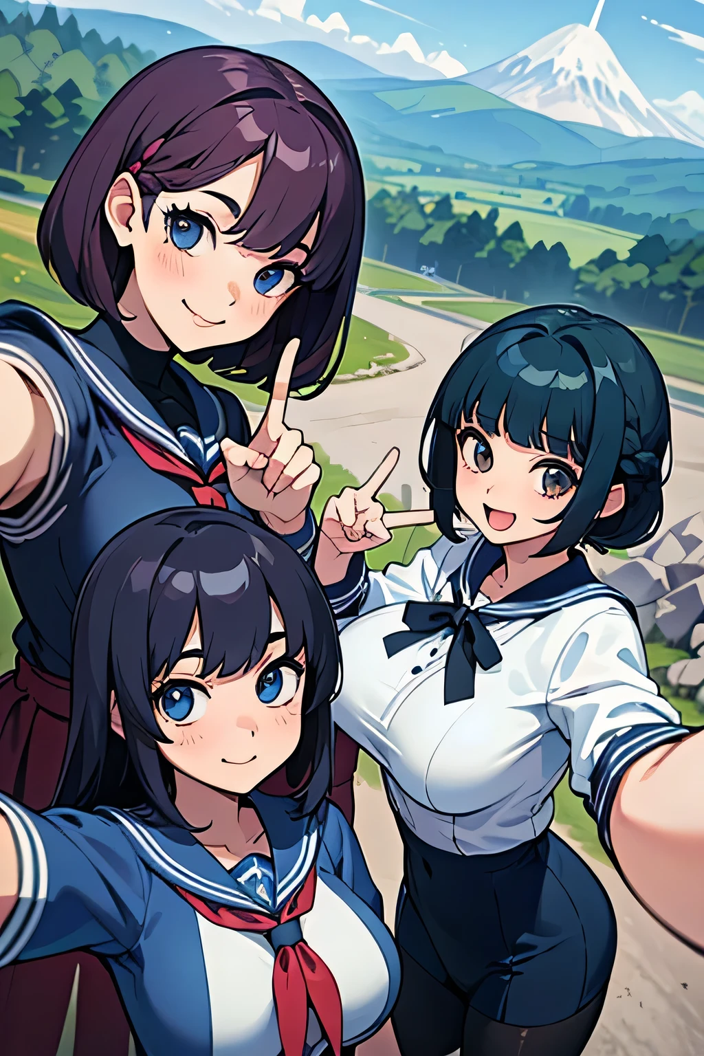  top quality 、 high res、( high image quality:1.2)、masterpiece、 detailed background、 beautiful faces、 detailed face 、 detailed eyes、 anatomically correct、Teenage beauty、( huge breasts:1.3)、 brightly colored hair color 、 Braided Bob Cut 、 ponytail、 perfect body line 、 Two girls taking selfies with shiny dark blue sailor suits 、 White Stockings、Active Fire Mountain 、Erupting 、(Mountain々Three beautiful girls taking selfies in the background:1.5)、(Peace sign with a big smile:1.4)、(Normal number of fingers:1.4)、 cute