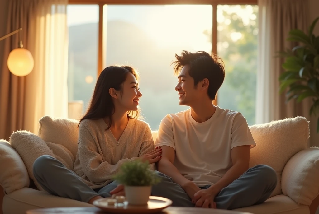 A realistic photo of a young Japanese couple sitting together in their ...