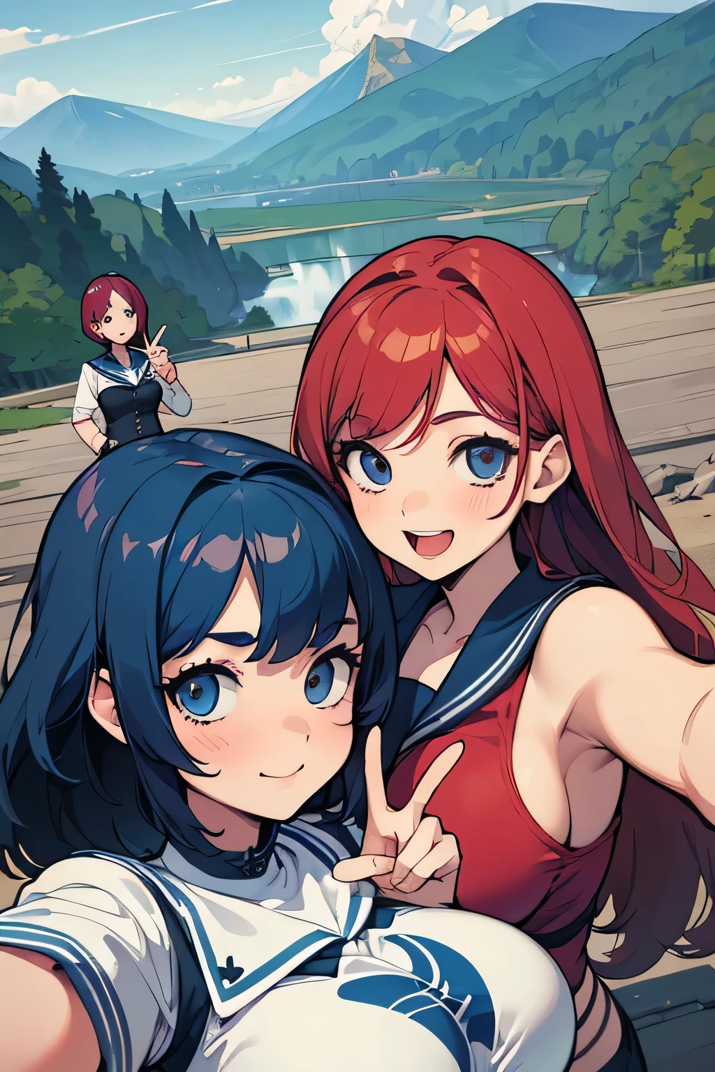  top quality 、 high res、( high image quality:1.2)、masterpiece、 detailed background、 beautiful faces、 detailed face 、 detailed eyes、 anatomically correct、Teenage beauty、( huge breasts:1.3)、 brightly colored hair color 、 Braided Bob Cut 、 ponytail、 perfect body line 、 Two girls taking selfies with shiny dark blue sailor suits 、 White Stockings、Active Fire Mountain 、Erupting 、(Mountain々Three beautiful girls taking selfies in the background:1.5)、(Peace sign with a big smile:1.4)、(Normal number of fingers:1.4)、 cute