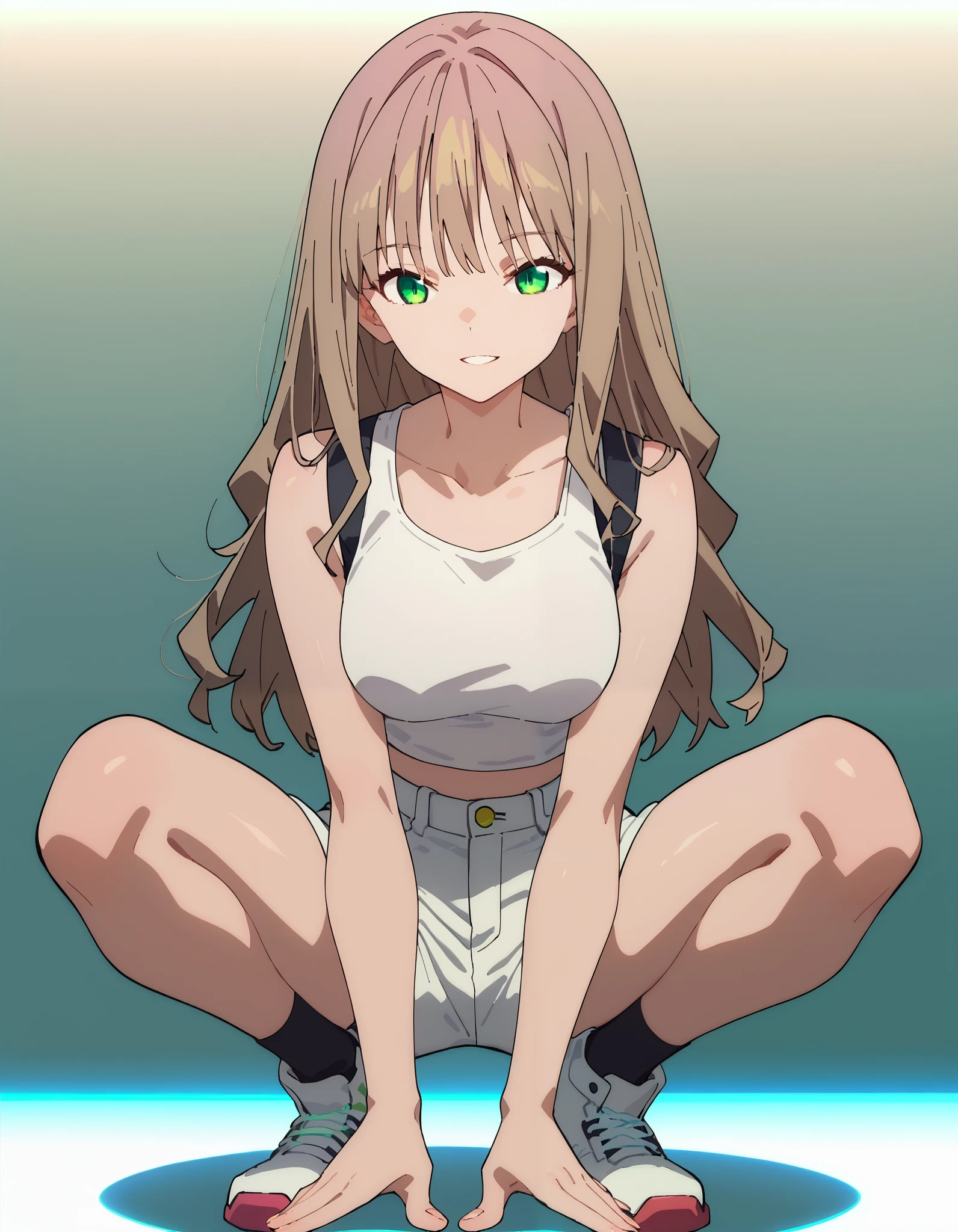 score_9, score_8_up, score_7_up, source_anime, rating_safe, intricate details, anime screencap, anime coloring, official style, yume_minami, 1girl, full body, green eyes, hair in own mouth, high-waist shorts, long hair, looking at viewer, parted lips, shorts, smile, solo, squatting, tank top, white footwear, white shorts, white tank top
