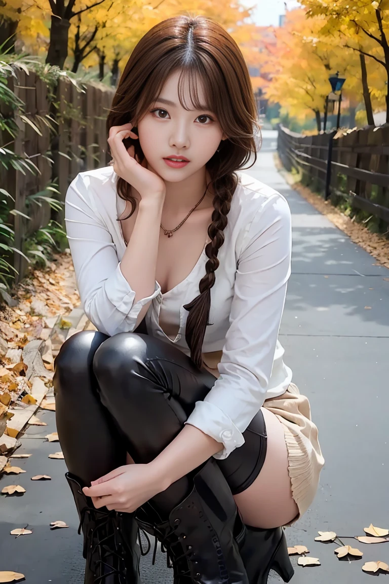  8k resolution,  Ultra-high-definition CG images, Autumn leaves at night🍁, moonlight, Long focus ,  one girl , 20 years old,  Detailed Beautiful Face , (Bangs braids, bronze:1.4), (Hold back hair:1.4), ( fall coordination for fall foliage),  miniskirt,  long boots, , Pointed Chest, Beautiful bust line, pendant,  Detailed beautiful eyes , Bright red autumn leaves, Maple Tunnel,  depth of field ,  absurd ,  24K graphic art,  There is an angle of  , A composition with depth,