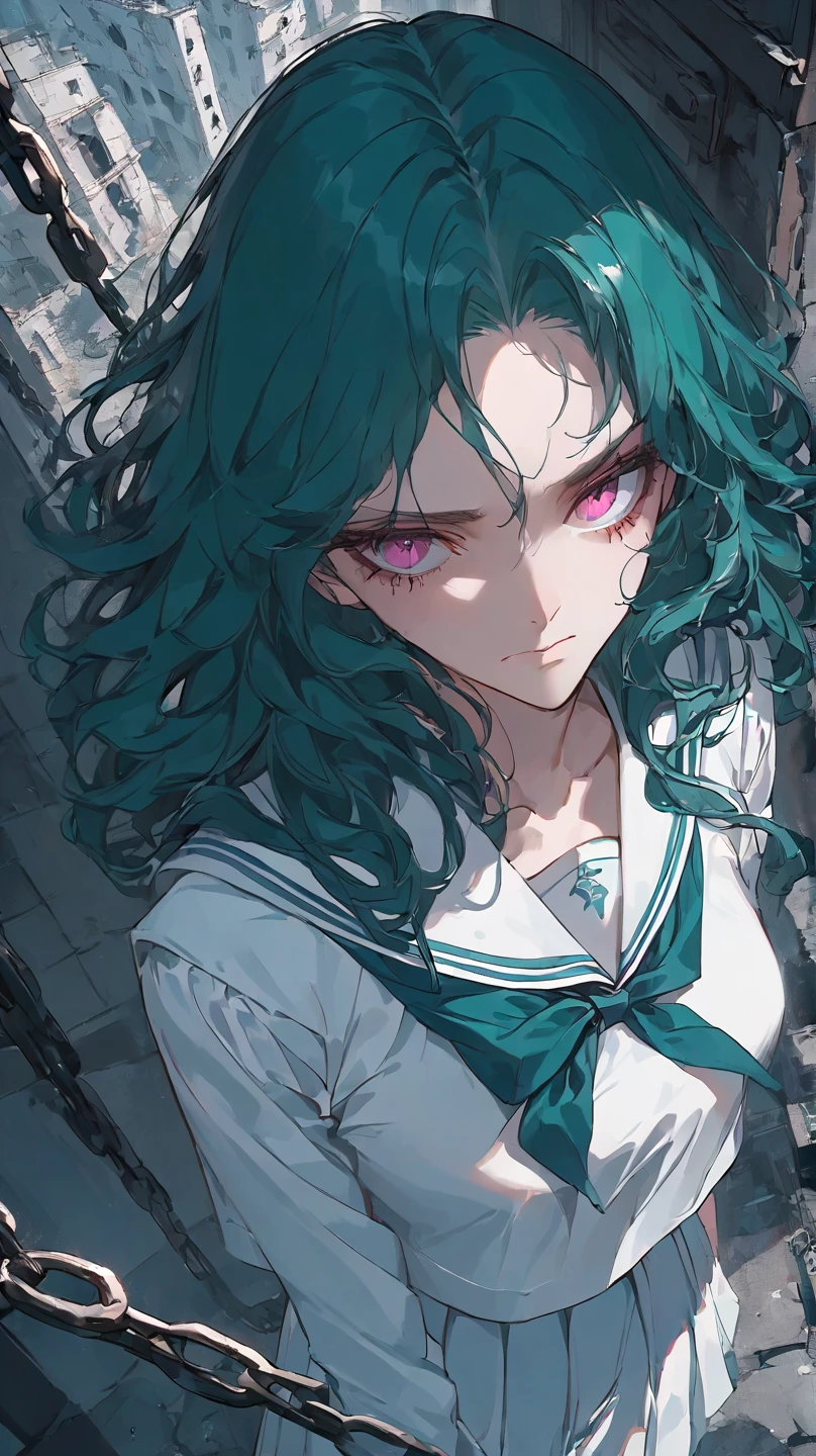 a woman with long wavy dark teal green hair, center parted bangs, pink eyes, white sailor uniform, chain and gear at the background, ouside ruined building, (((alone))), worried smile,  look from above