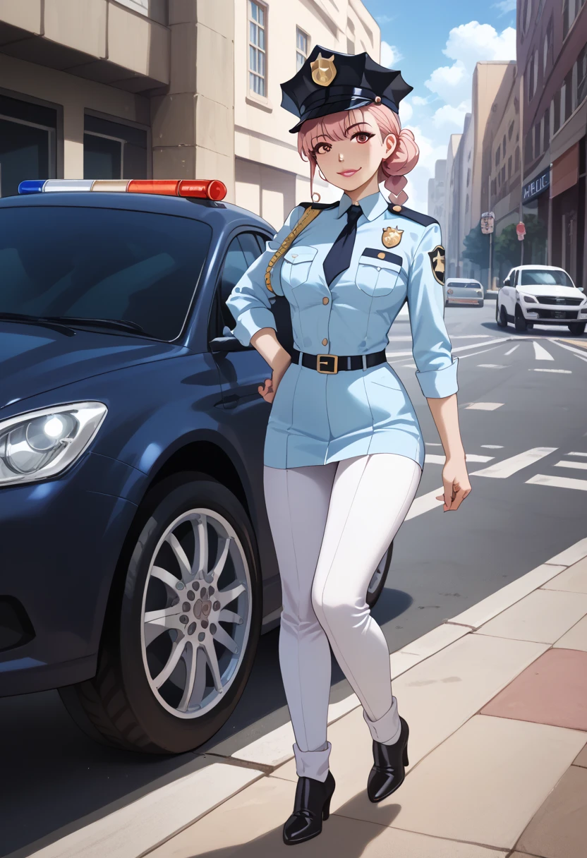 woman, adult, 髪のない,  sexy cop in uniform ,   knight , Soft light,  face details, View from the face,  devilish smile ,  light pink lips ,  beside a police car next to the street , refer to, ,  full body --realistic style -imagination-