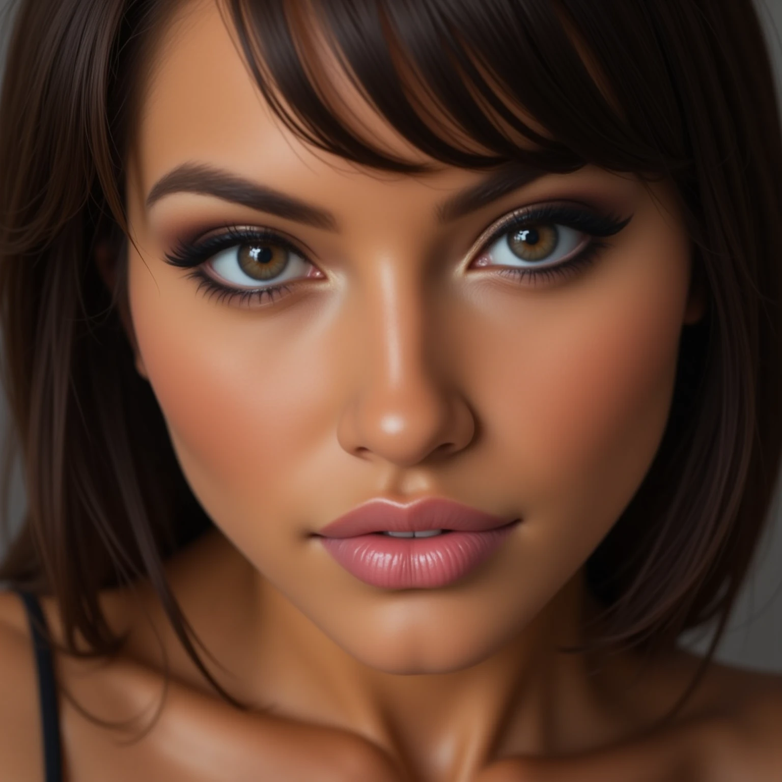 A close portrait of a woman, focusing on her eyes.  tanned, dark eyes, brown hair,, realistic, 4K, ultra detailed photography, sharp image,