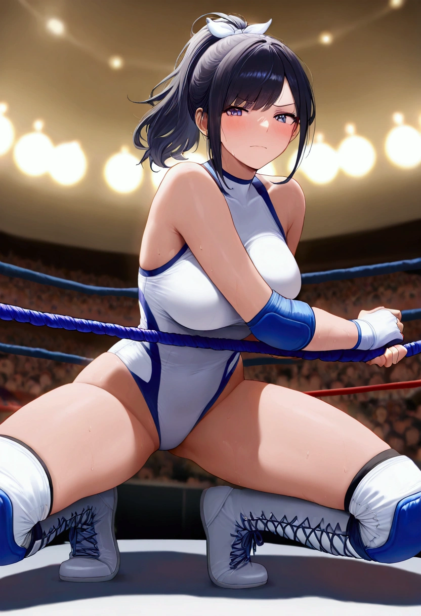 ((((masterpiece)))), (( unity 8k wallpaper,  photorealistic , ((  detailed face  )),  Female Pro Wrestler with Floating Legs,Umezaki Haruka  ,Pain々Funny face, ponytail,ribbon, pure white leotard ,Elbow guard,  leg protector  ,  There are 3 ropes stretched on all sides of pro wrestling, I'm stepping on that rope and my legs can reach it and stand ahead, The background is a pro wrestling venue,The audience is crowded