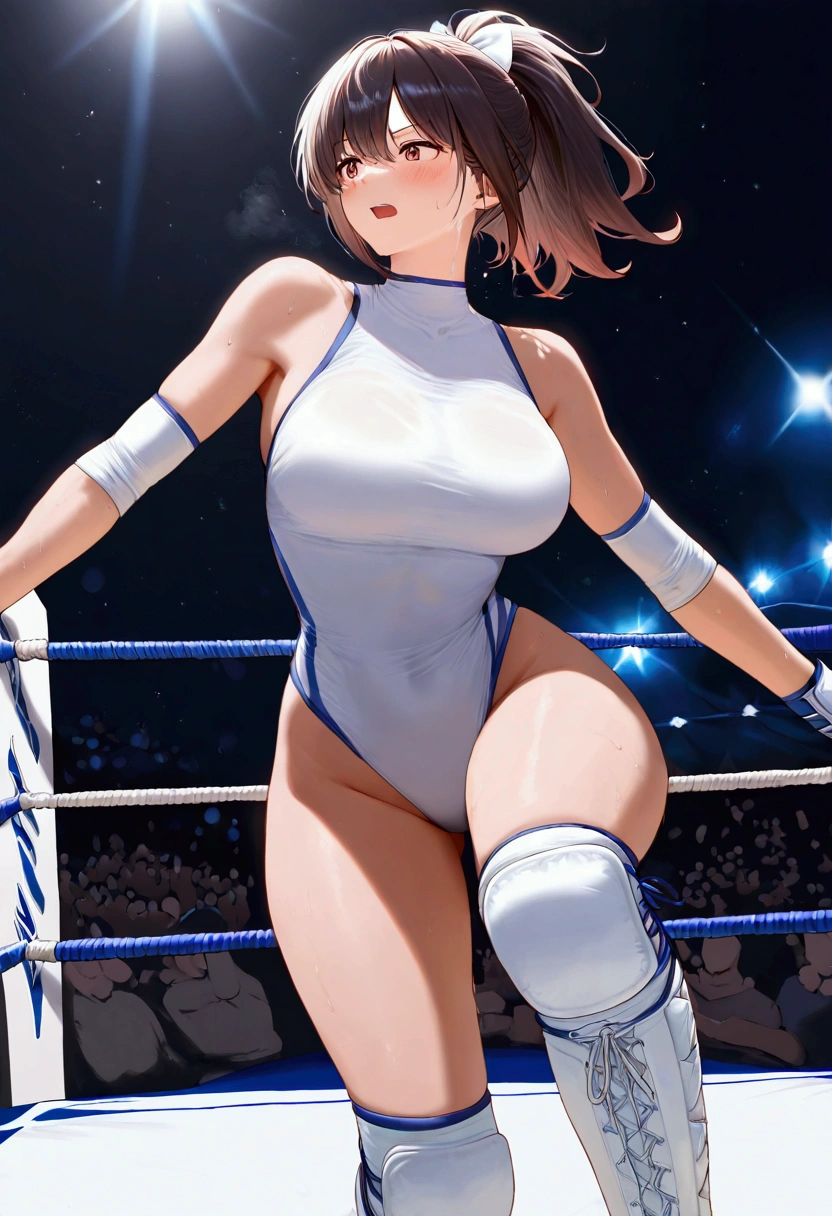 ((((masterpiece)))), (( unity 8k wallpaper,  photorealistic , ((  detailed face  )),  Female Pro Wrestler with Floating Legs,Umezaki Haruka  ,Pain々Funny face, ponytail,ribbon, pure white leotard ,Elbow guard,  leg protector  ,  There are 3 ropes stretched on all sides of pro wrestling, I'm stepping on that rope and my legs can reach it and stand ahead, The background is a pro wrestling venue,The audience is crowded