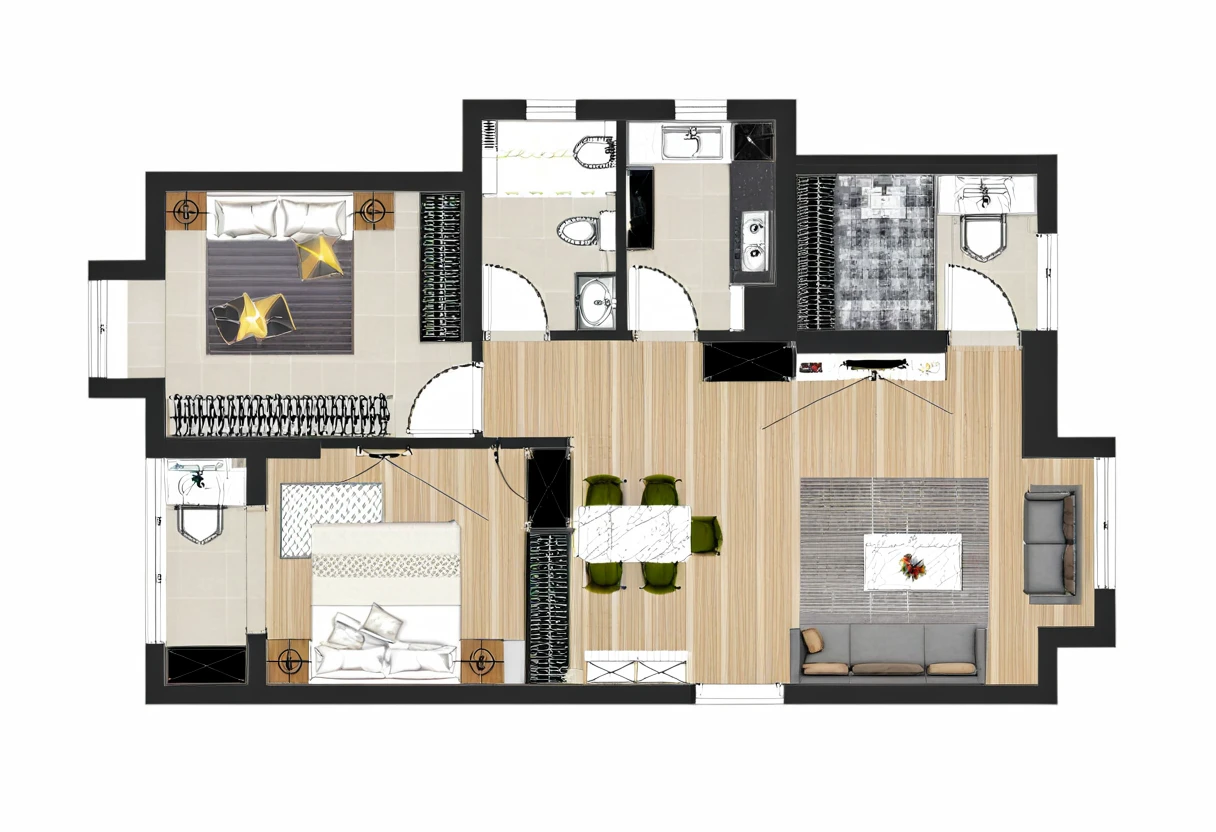 a drawing of a plan of a small apartment with a kitchen and living room, apartment design, architectural plan, floor plan, plan drawing, layout, flat 2 d, fancy apartment, house interior, architectural plans, single floor, architectural planning, building plans, 2 d autocad, black and white scheme, autocad, residential design, apartment set in the near future