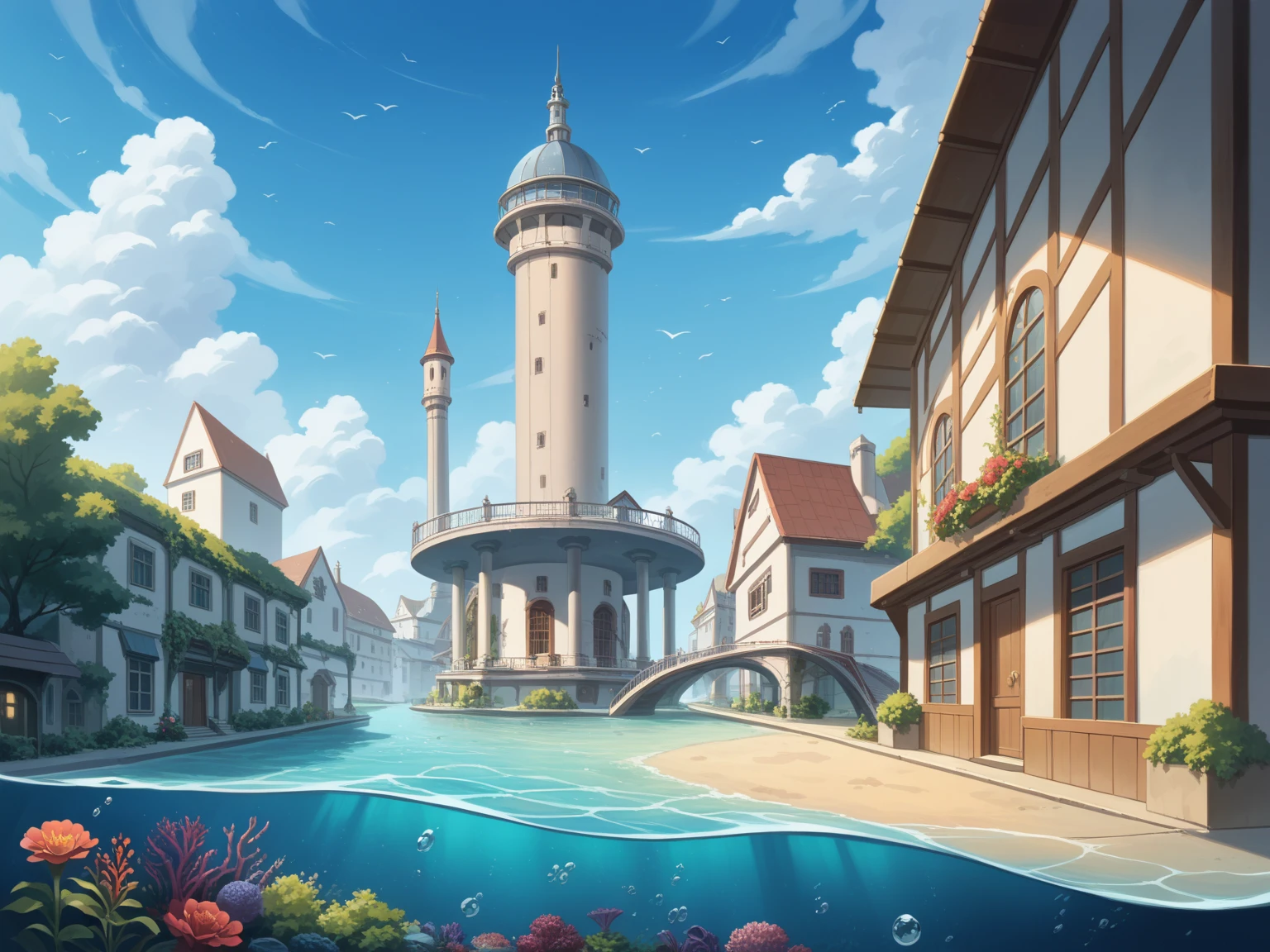 color (fantasy: 1.2), ( Hayao Miyazaki Style Street ), (Irregular Building Floating in the Sea), Patchwork Cottage, Floral decoration, Light,  concept art inspired by Andreas Rocha,  Artstation contest winner , fantasy art, (  Underwater City ), Ross Tran, Pillar of Light,  realistic lighting , masterpiece,  High Quality ,  Beautiful Graphics ,  high detail, masterpiece,  High Quality ,  Beautiful Graphics ,  high detail, 