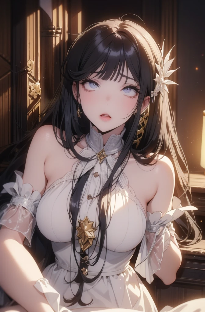 ((((Obra maestra, La mejor calidad, ultrahigh resolution)))), 1girl, kneeling,), ((long pure brown hair,collar two-tone hair green hair, hair over eye)), long hair cut, shiny skin, ((red eyes)), glowing_eyes, neon eyes, (ultra detailed eyes:0.7, beautiful and detailed face, detailed eyes:0.9), smirk, facing viewer, ((vibrant background, dark lighting, summer, sunlight)), large chested, looking at viewer, ((half closed eyes)), ((perfect hands)), (((head:1, arms, hips in view, elbows, in view))), ((hands behind back)), empty eyes, beautiful lighting, ((outside, outdoors)), defined subject, head tilt, (((gritty)), ((creepy)), ((cool)), ((beautiful)), (((SFW))), hair ornament, petals in the air, moon in the sky, city, mature woman, adult woman, sfw, pink and white dress, night dress, she is a princess, large chest, big breast, sharp eyes. Extremely sharp eyes, no necklace, seductive eyes, teasing