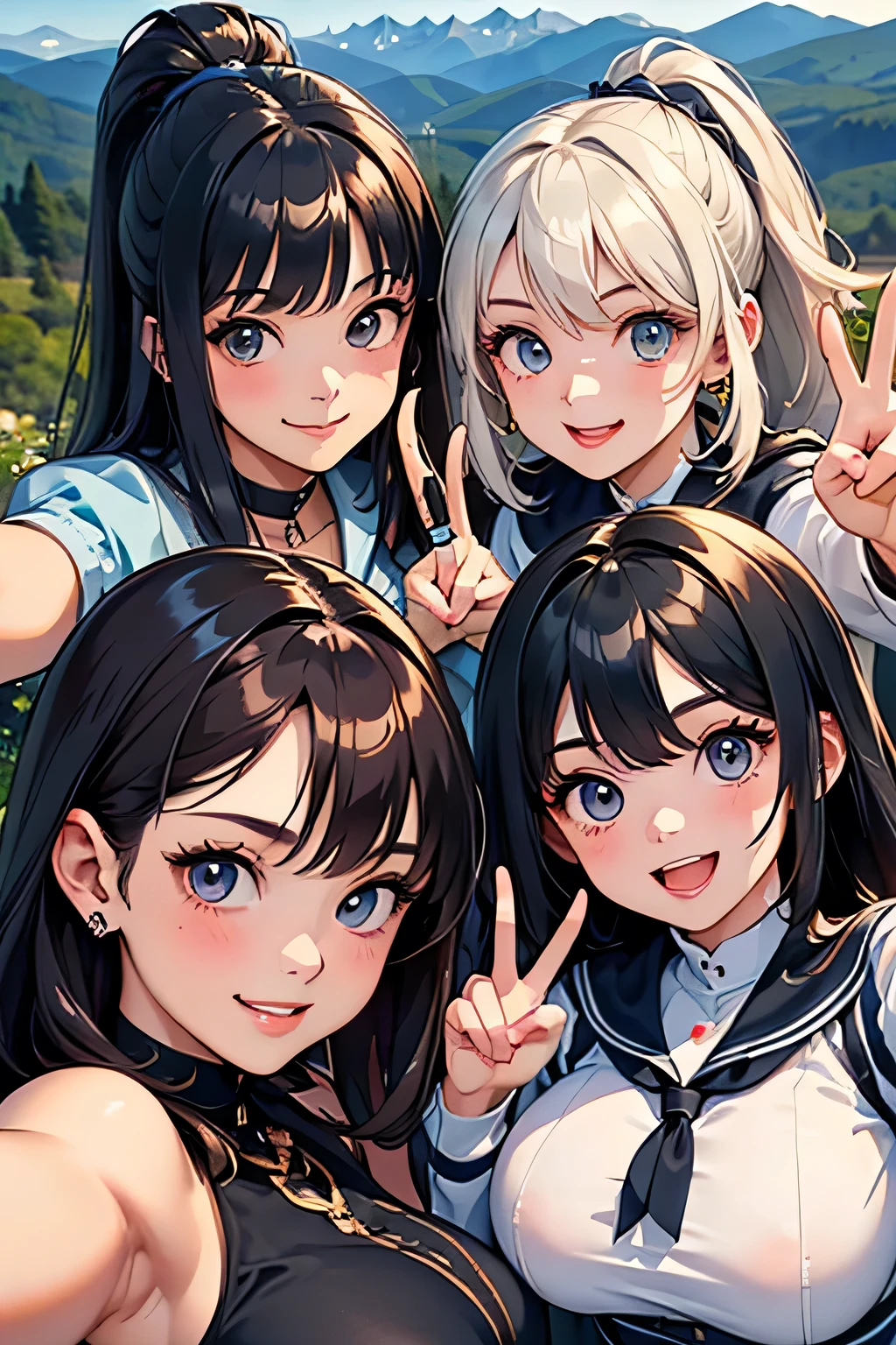 top quality 、 high res、( high image quality:1.2)、masterpiece、 detailed background、 beautiful faces、 detailed face 、 detailed eyes、 anatomically correct、age beauty、( huge breasts:1.3)、 brightly colored hair color 、 braided bob cut 、 ponytail、 perfect body line 、 Two girls taking selfies with shiny dark blue sailor suits 、 White Stockings、Erupting 、(Mountain々Three beautiful girls taking selfies in the background:1.5)、(Peace sign with a big smile:1.4)、(Normal number of fingers:1.4)、 cute