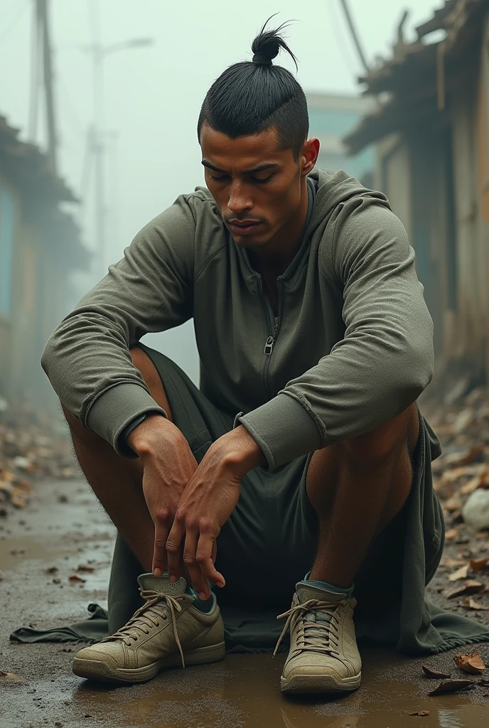 Ultra realistic image of a man with a dirty face and beard, battered sweatshirt dress, very thin and with a prominent belly, Latin features, black skin, sitting on a crate and a dark alley, holding a lighter lit