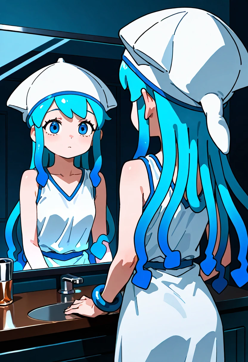    1 girl ,   white dress,   Blue Hair,    blue eyes,    blue bracelets  , Squid Hat,    tentacle hair   , Blue Trim for Clothes   ,  Inside the metallic city,  from behind , Mirror reflection