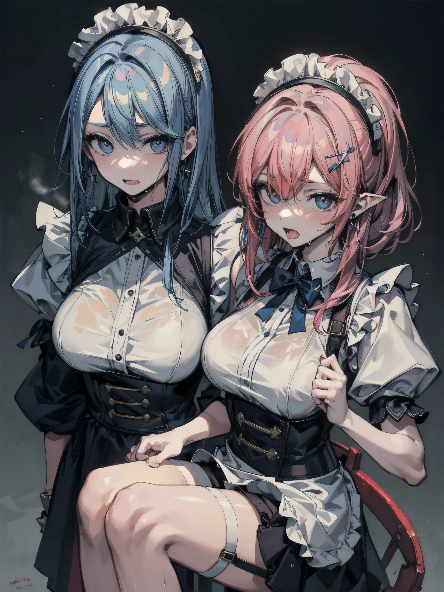 Rem \(re:zero\), 1girl, sozinho, seios, Olhando para o Viewer, corar, sorrir, short hair, boca aberta, franja, medium breasts, ornamento de cabelo, vestir, fita, Animal orelhas, , cabelos azuis, fita de cabelo, :d, Heart, Frescuras, mangas destacadas, dente, Orelhas de Gato, olhos cor-de-rosa, hair is left one eye, avental, Preto dress, Domestic Entrepreneurship, symbol-shaped pupils, Loan headdress, preta tape, heart-shaped shaped pupils, vestido babado, Seios para fora, x ornamento de cabelo, avental de cintura, Avental branco, pink bow, Roswaal mansion loan uniform, dentro