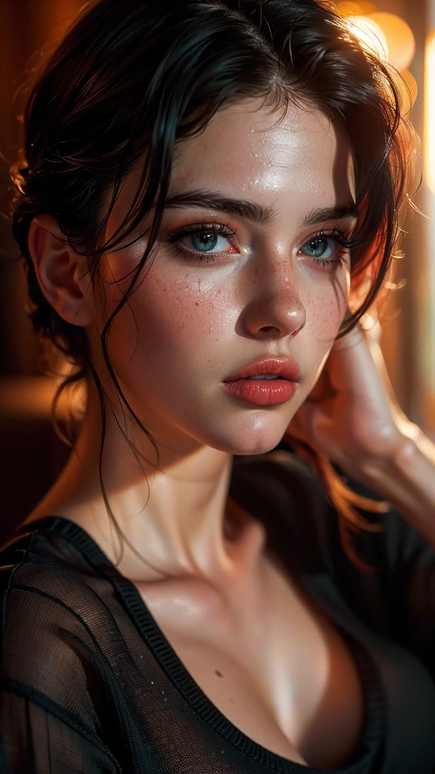 (((ultra realistic))) Photo, masterpiece, top quality, (pale skin), (Ultra detailed face and eyes:1.2), Bright eyes, 1 girl, orange bra, gloomy atmosphere, Dark background, (Eye makeup, mascara) , ((Dark wavy hair)) , ((Stylish hairstyle)) , (Natural breasts), (A slight smile), ((Posing)), photoshoot, studio (Contour lighting), (The play of light and shadows), depth of field, bokeh, (special attention to skin detail: 1.2), Detailed leather texture, skin pores, ((Тёмная и gloomy atmosphere кадра. color scheme - black, Gray, Ashen, orange tones)), ((Film grain, VHS effect)), ((rays)) , ((waist up portrait, close to the camera)) , ultra detialed, 