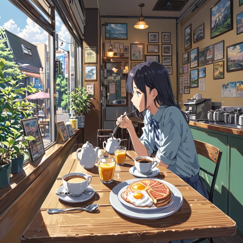 ((Anime:1.4, illustration)),(  masterpieces during breakfast ,  top quality,  top quality),(  super detailed , resolution),((16k, 高resolution)), ((( Cafe ))), ((Anime:1.4, illustration)),(  masterpieces during breakfast ,  top quality,  top quality),(  super detailed , resolution),((16k, 高resolution)). break {Lofi Art, Rory Greasley&#39;  style for stilets , Makoto Shinkai&#39;  style for stilets , Anime aesthetic}, break { (Detailed textures like   、   movies taken with Sony SLR cameras   、4,  generate images containing over 10 million pixels of information。).}