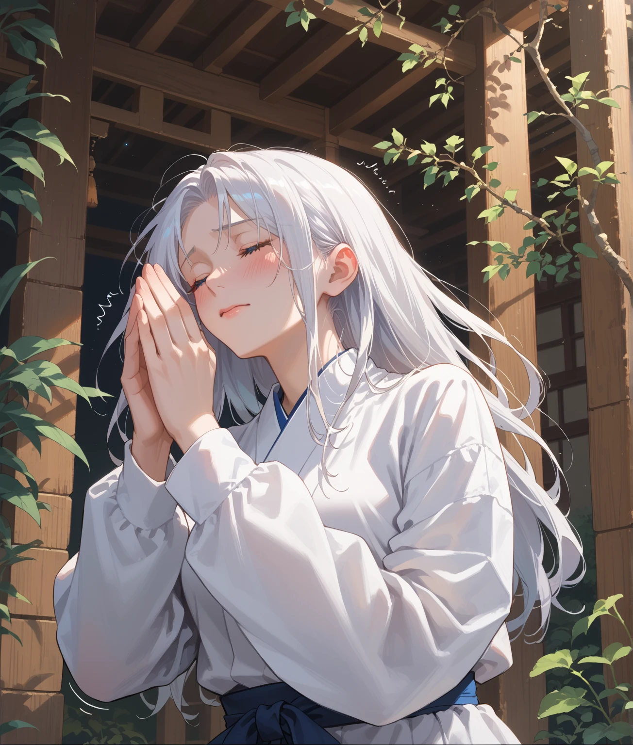 female gojo, blue eyes, doing prayer, hands join, cute girl, fit girl, attractive pure white hair, long white hair, attractive sparkling blue eyes, score_9, score_8_up, score_7_up, source_anime, masterpiece, best quality, praying, in the middle of the night, blush, embarrassed, motion lines, closed eyes, in a Japanese shrine