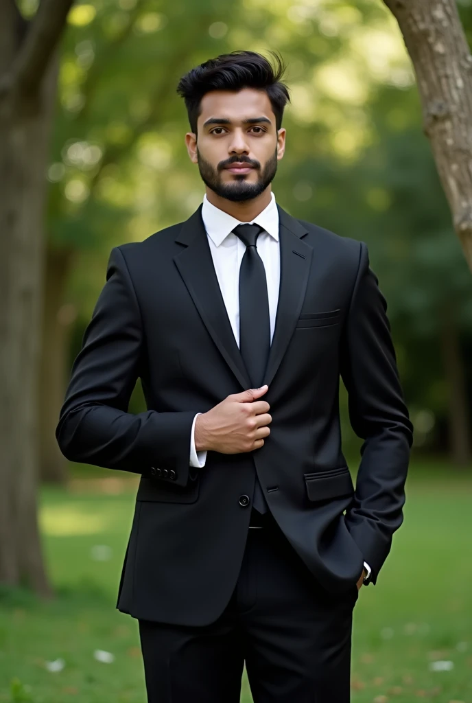 18 year old Indian boy handsome wearing formals posing for Nadeem beautiful park in background