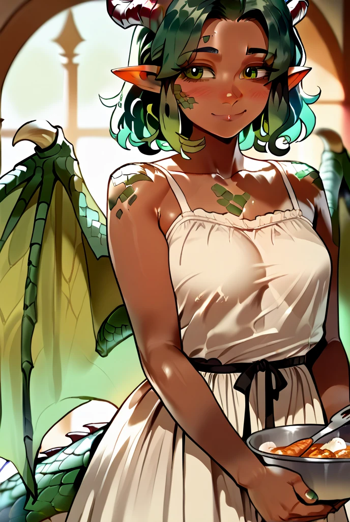 masterpiece, best quality, highres, soft lighting, best quality, hyper detailed, unexposed breasts, young women, young female, 1girl, green wings, horns, solo, dragon girl, dark skin, colored skin, monster girl, (scales:1.5), dragon horns, dragon wings, curly green hair, sundress, cooking food, (darkskin:1.5), soft smile, gentle smile, cute, light smile, round eyes, shy, sundress, Pointy Ears, Medium Hair, Happy, Light Smile, Closed Mouth, 