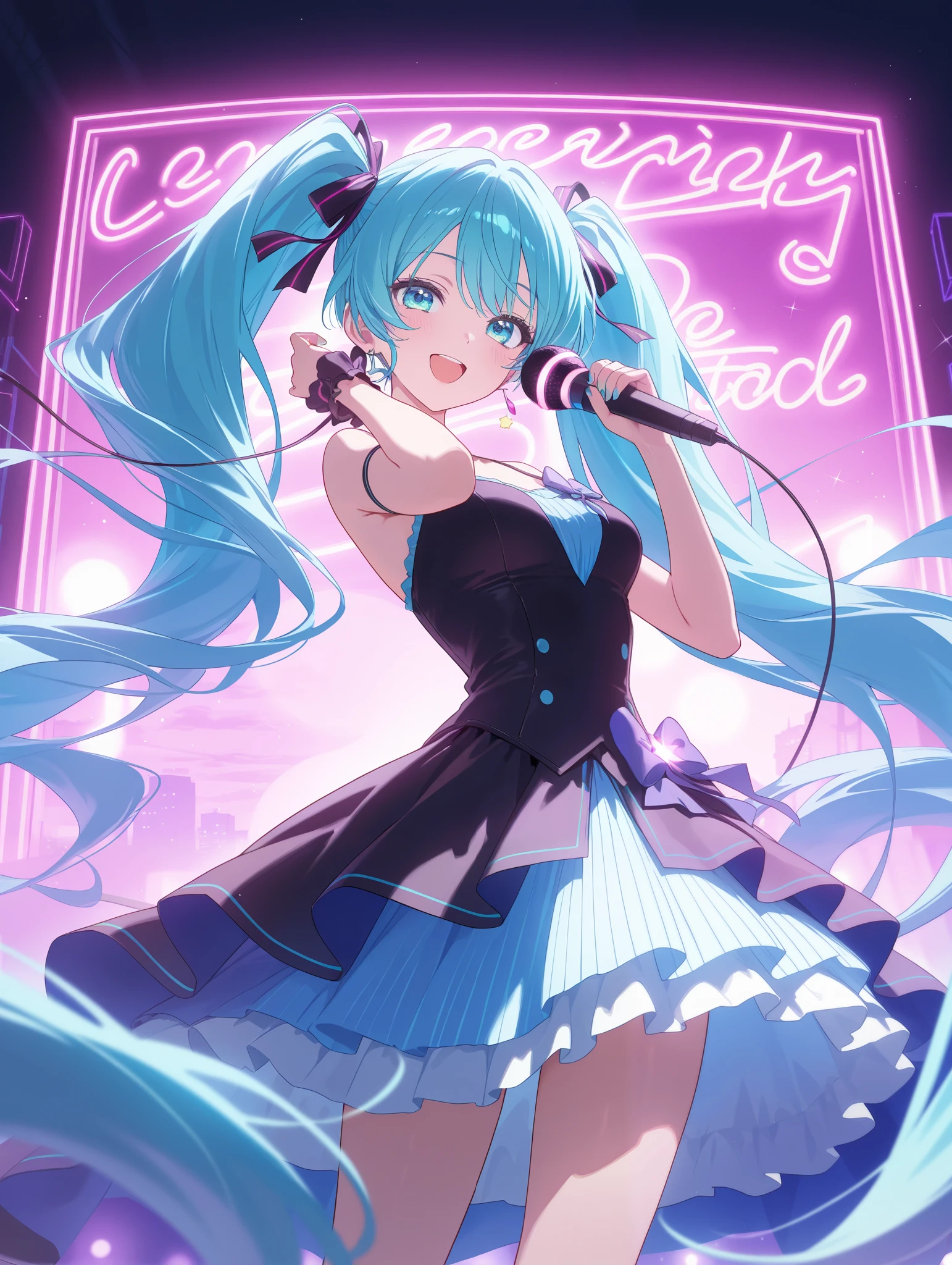 absurderes、ultra-detailliert、​masterpiece、top-quality、BREAK、Official art、（Beautifully Aesthetic：１.２）、BREAK、Devilish Pretty Girl 1.2、a beauty girl、（kawaii：⒈３）、sixteen years old、BREAK、colourful hair、Splash、（Mixed blue and pink hair：１.２）、(フラクタルアート1.３)、BREAK、Cat's ears、A sexy、（Cat gloves、Fluffy hands）、BREAK、Like a cat's paw、Short socks、human - shaped、BREAK、AI Concert、BREAK、random eyes、BREAK、From Side、Look at viewers、BREAK、((Above the live stage))、Coming Idol Costume、Sing while holding the microphone with your left hand、Neon Detail Spotlight、BREAK、BREAK、Shyness、tension、red blush、(Face smiling happily with butt sticking out)、The best smile、BREAK、Versatile poses、BREAK、Standing、BREAK、(Cute panty chira chiller、Cute embroidered string panties)