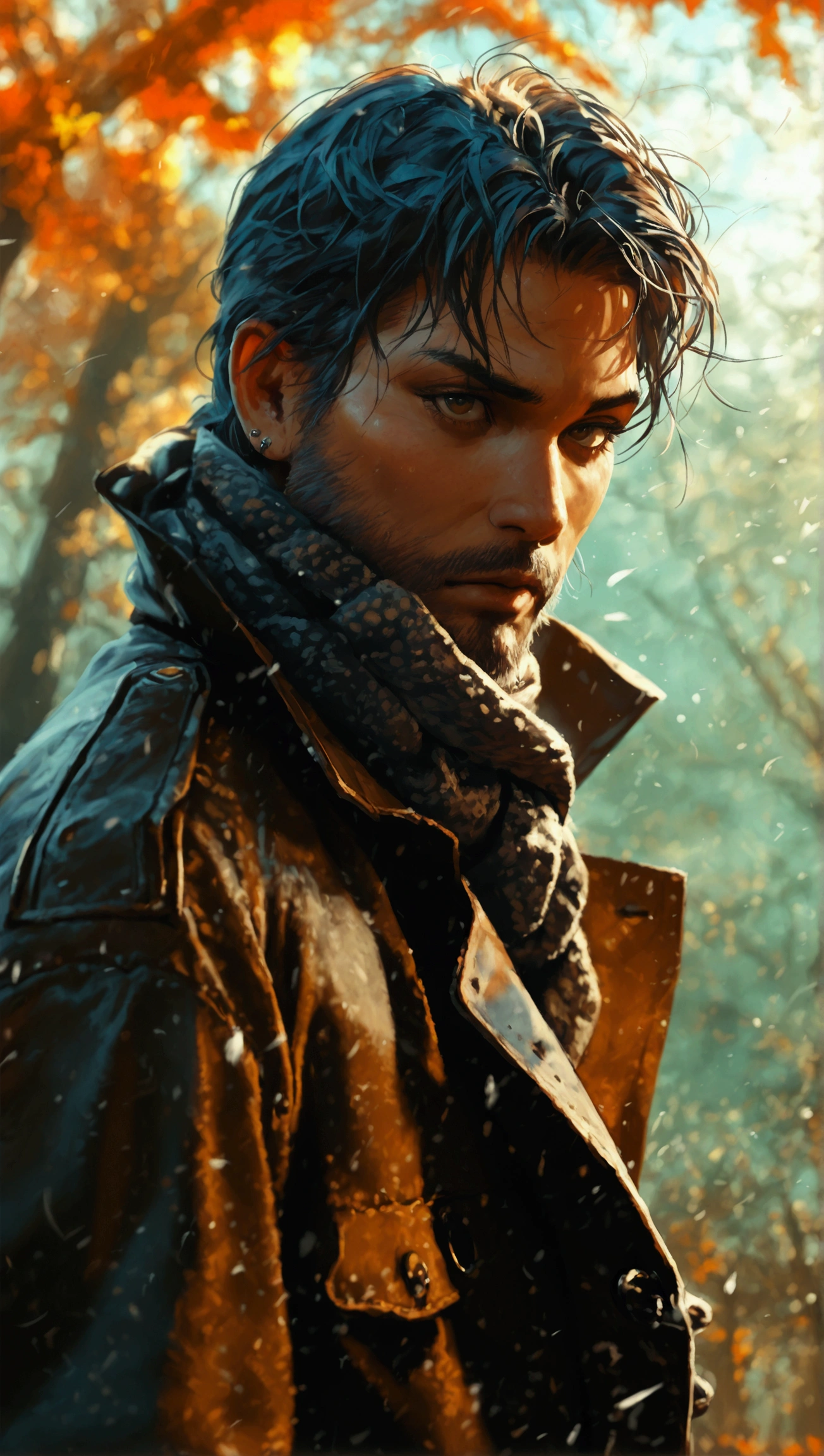 a muscular middle-aged man, wearing only a trench coat and scarf, leather tall boots, camera slightly below, high-quality, hyper-realistic, highly detailed, cinematic lighting, chiaroscuro, moody atmosphere, super strong wind, warm color palette, dramatic pose, his hands are covering his genital, rugged and handsome features, piercing gaze, strong masculine presence, outdoor setting, dramatic backlighting, gritty and grounded aesthetic, photorealistic, award-winning photography, masterpiece, 8k, best quality