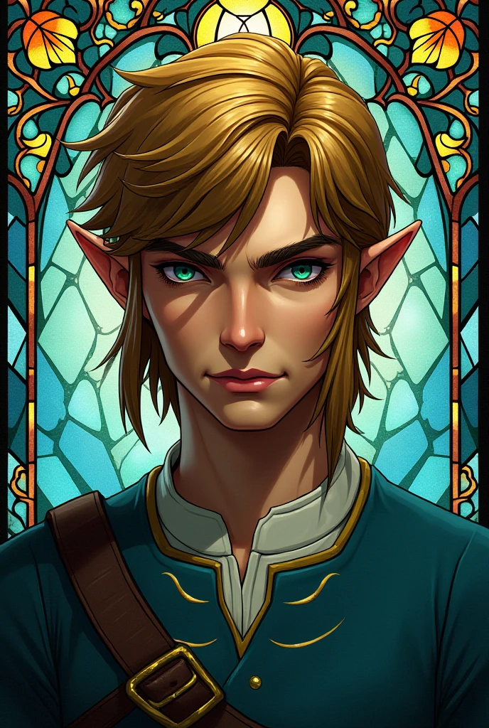 Link from legend of Zelda adult male, masculine features, portrait in the style of Alphonse Mucha, art deco. Stained glass style 